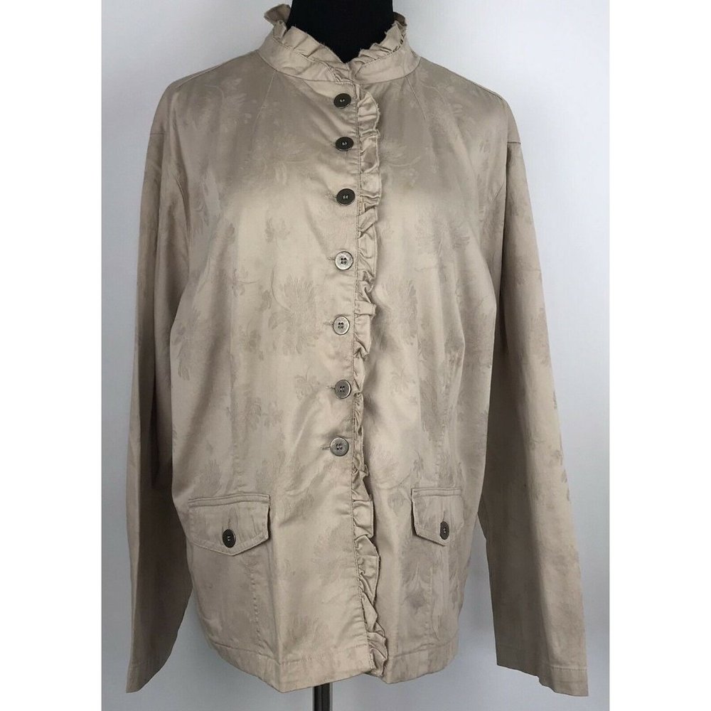 Chicos Womens Beige Floral Ruffles Mandarin Collar‎ Jacket Size 3